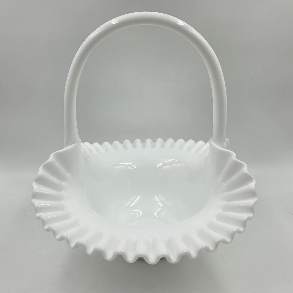 Fenton Hobnail Milk Glass Handled Basket #389/3830 White Vintage USA 9" x 10"